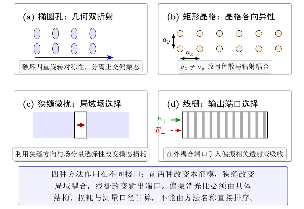 四类偏振调控途径及其作用接口。图中只表达机制,不给出跨结构通用的消光比。